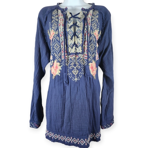 Johnny Was blue embroidered floral tunic blouse top Womens Medium - Picture 2 of 9